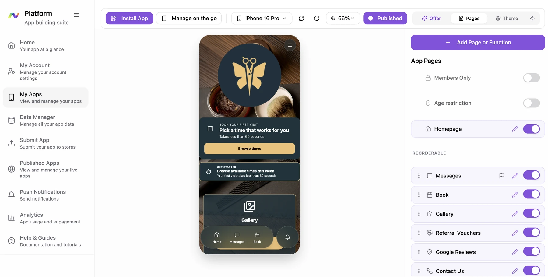 Building a hair salon app in the AppBuild platform, with page toggles and a live phone preview