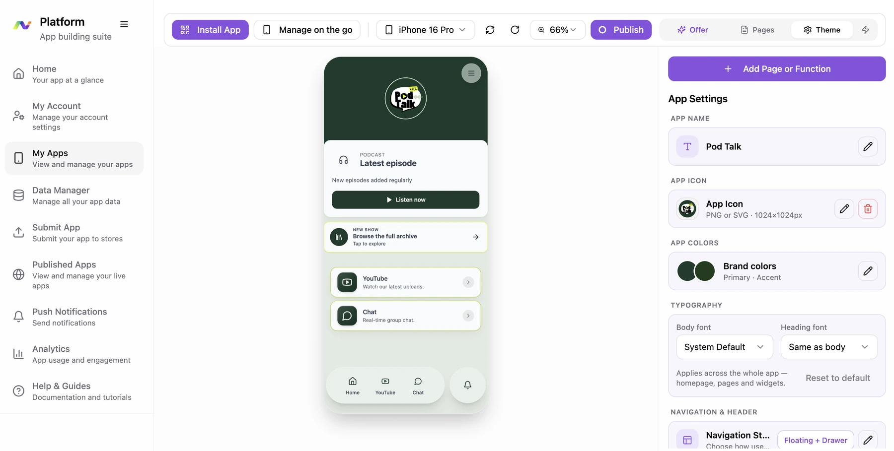 Theme settings for a podcast app, showing app name, icon, brand colours and typography