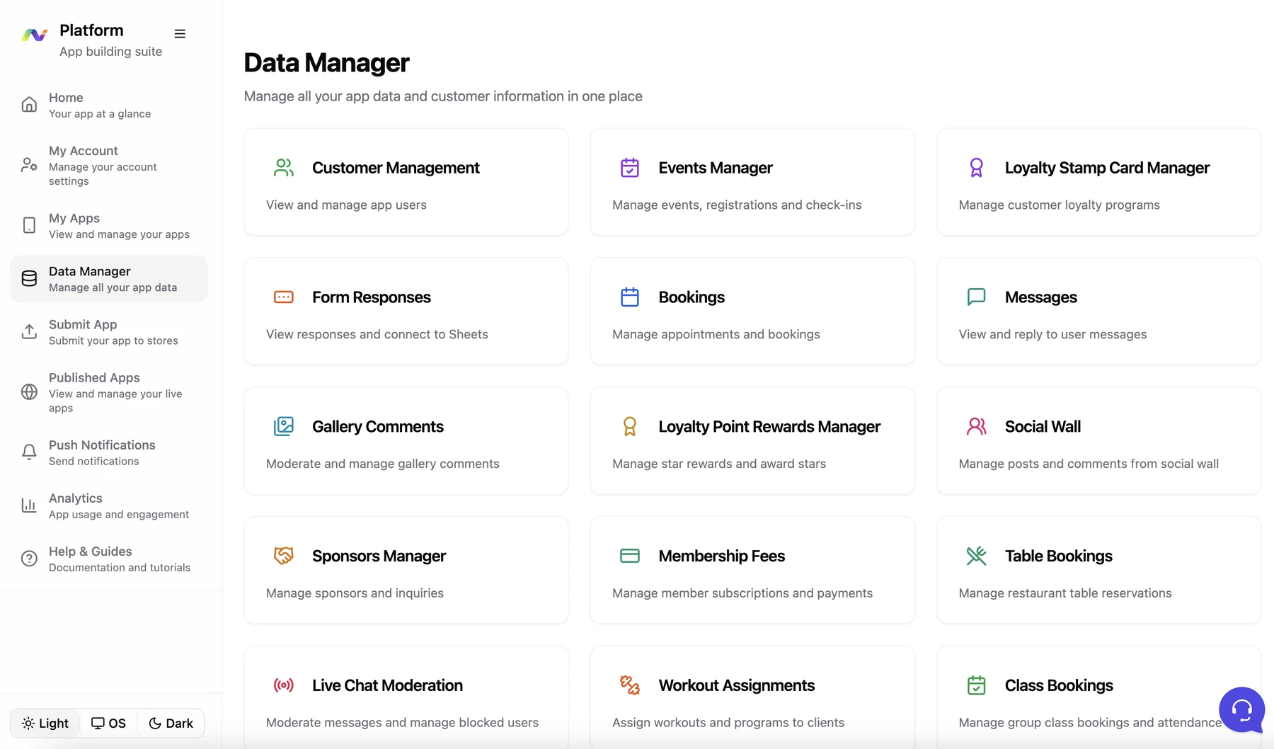 The AppBuild data manager showing bookings, loyalty, memberships, events and form responses