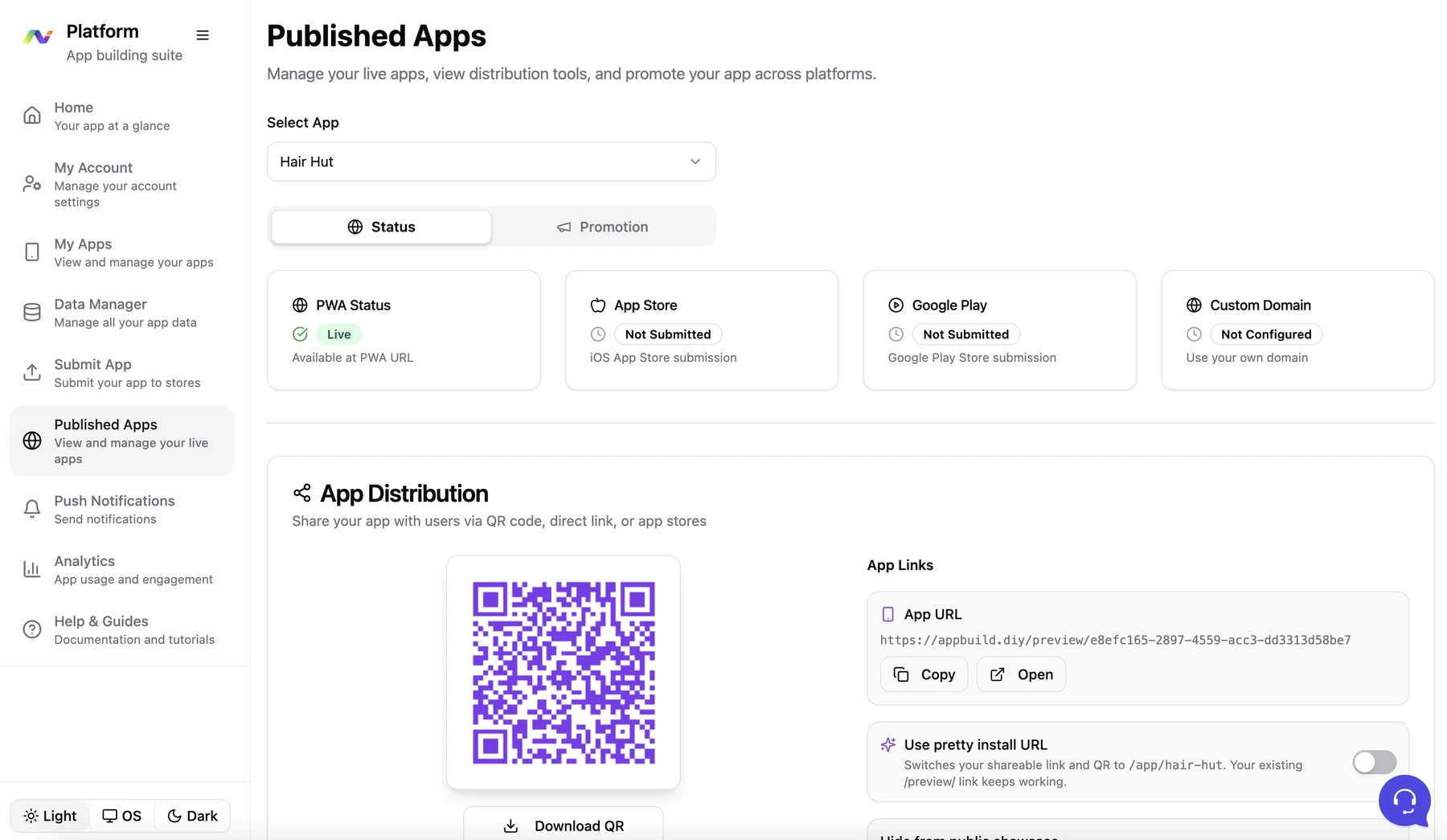 Published apps screen showing PWA status, app store submission, QR code and install link