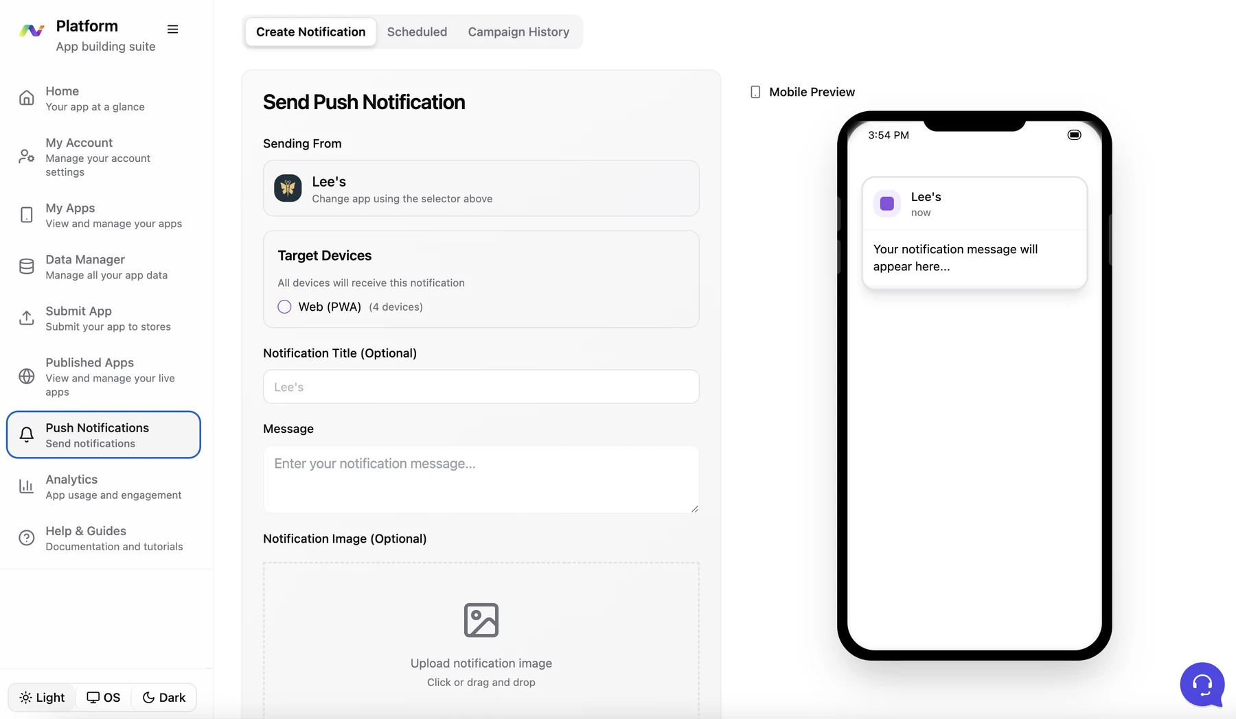 Push notification composer with a live mobile preview and campaign history