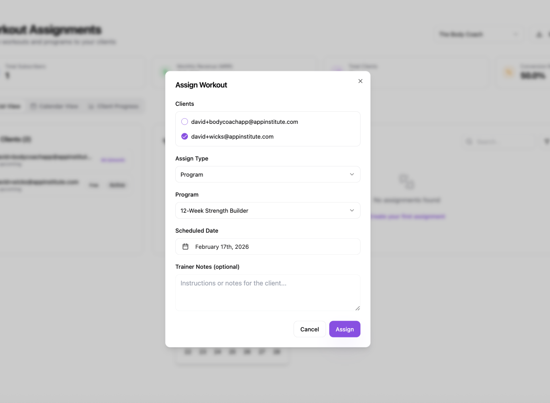 Assign workout to clients