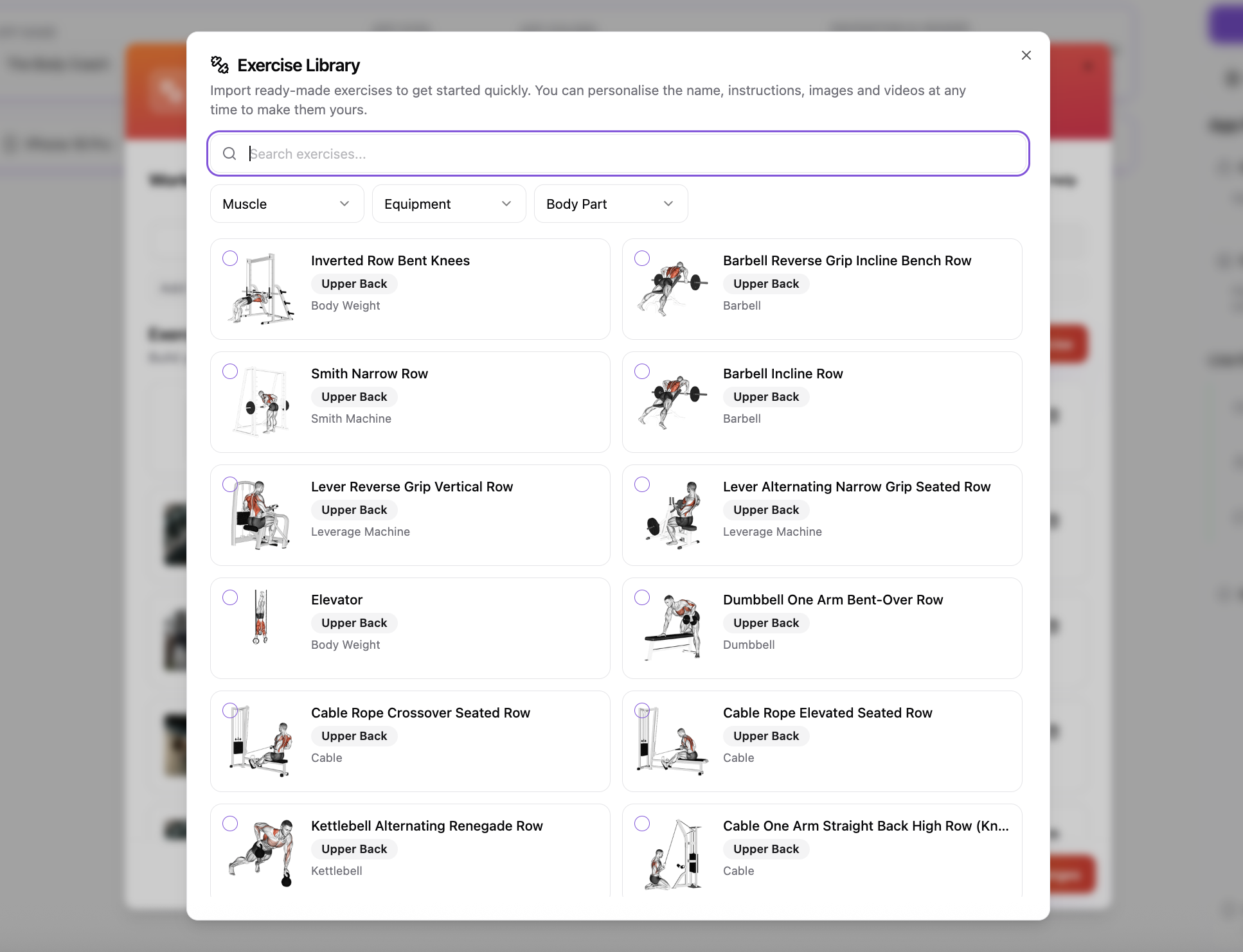 Exercise detail editor with muscle groups and video