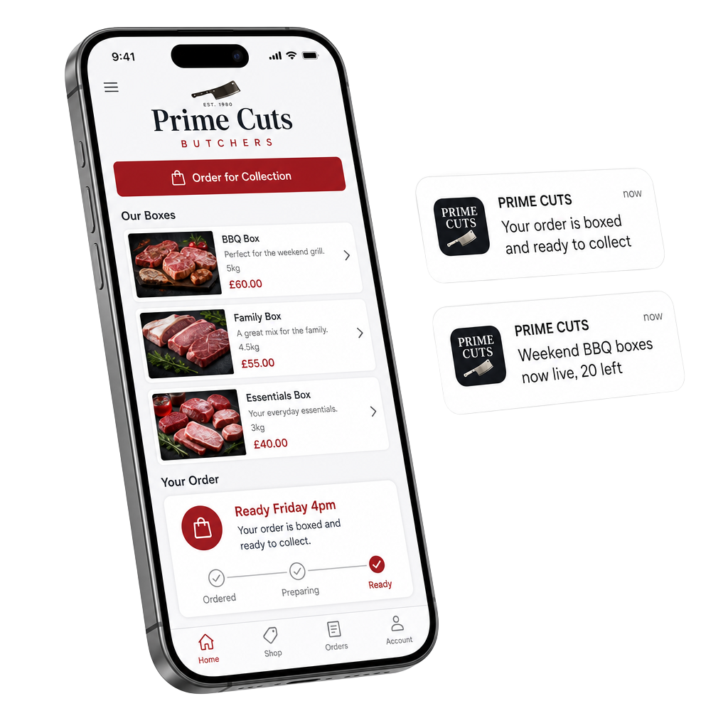 Butcher shop app showing collection ordering and meat boxes on a phone