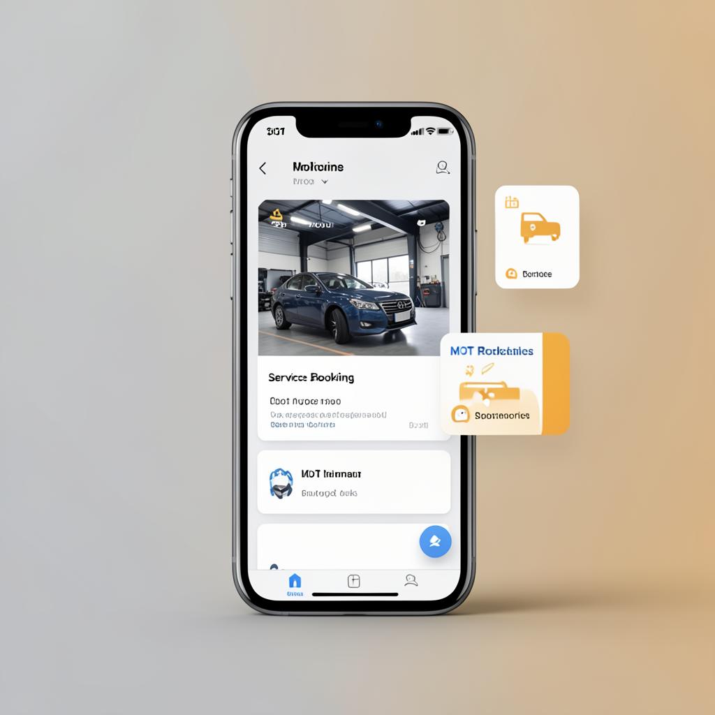 Garage app showing service booking, repair quotes and MOT reminders on a phone