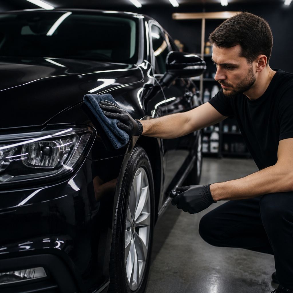 Car valeting app showing service booking by vehicle size, quotes and rebooking reminders on a phone