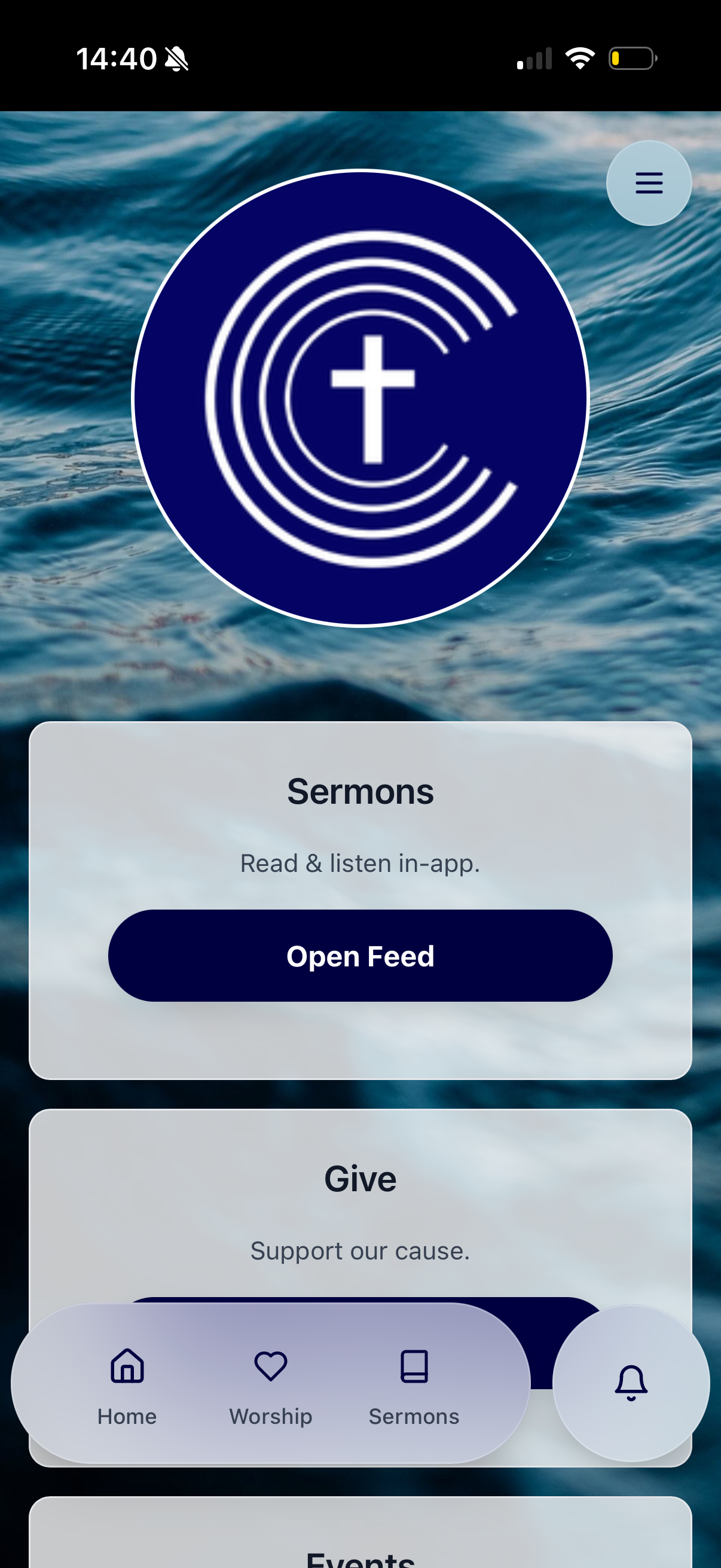 Church app home screen