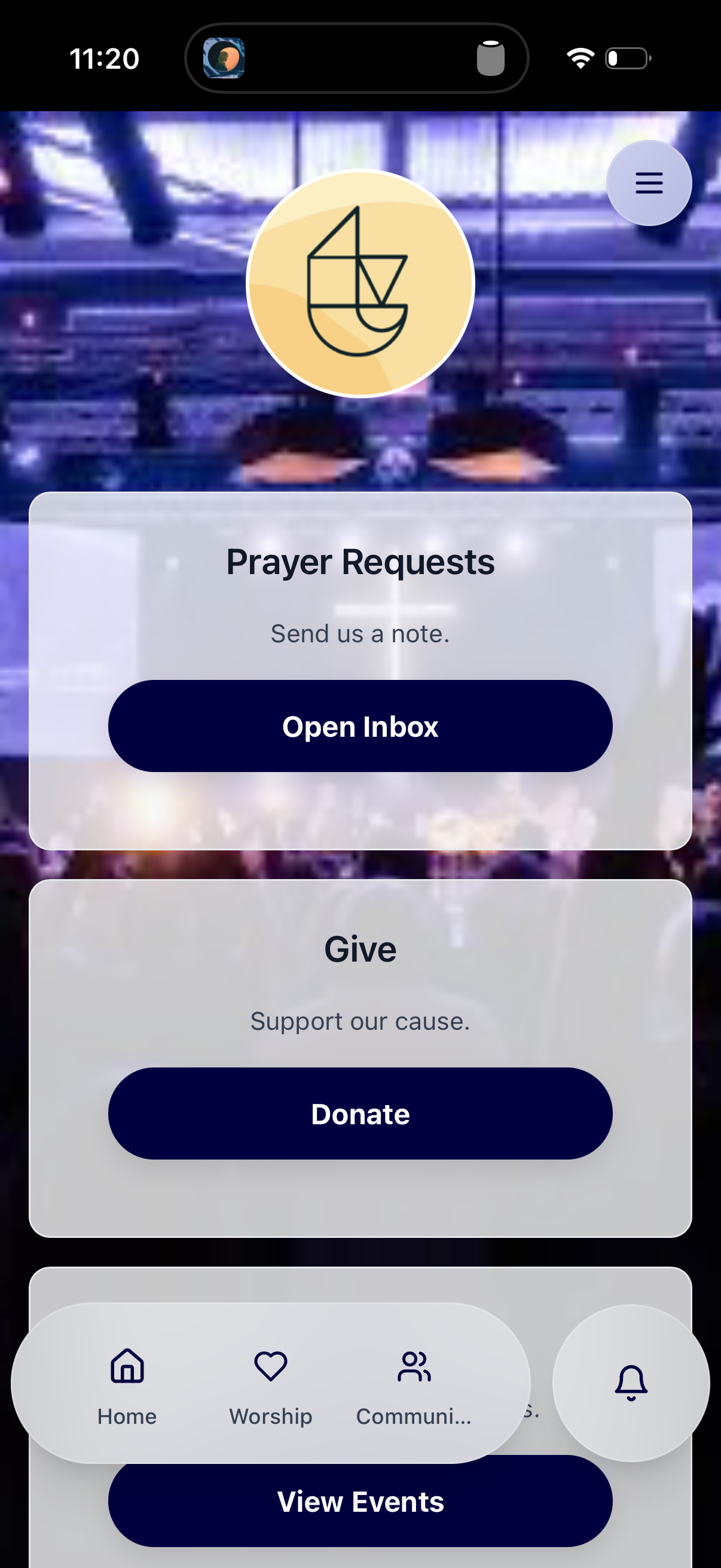 Church app events screen