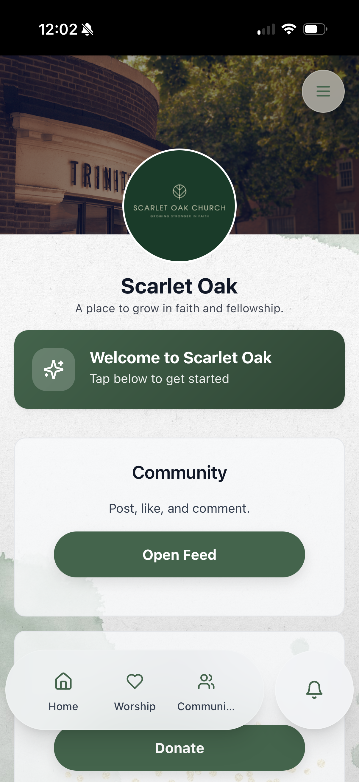 Church app welcome screen
