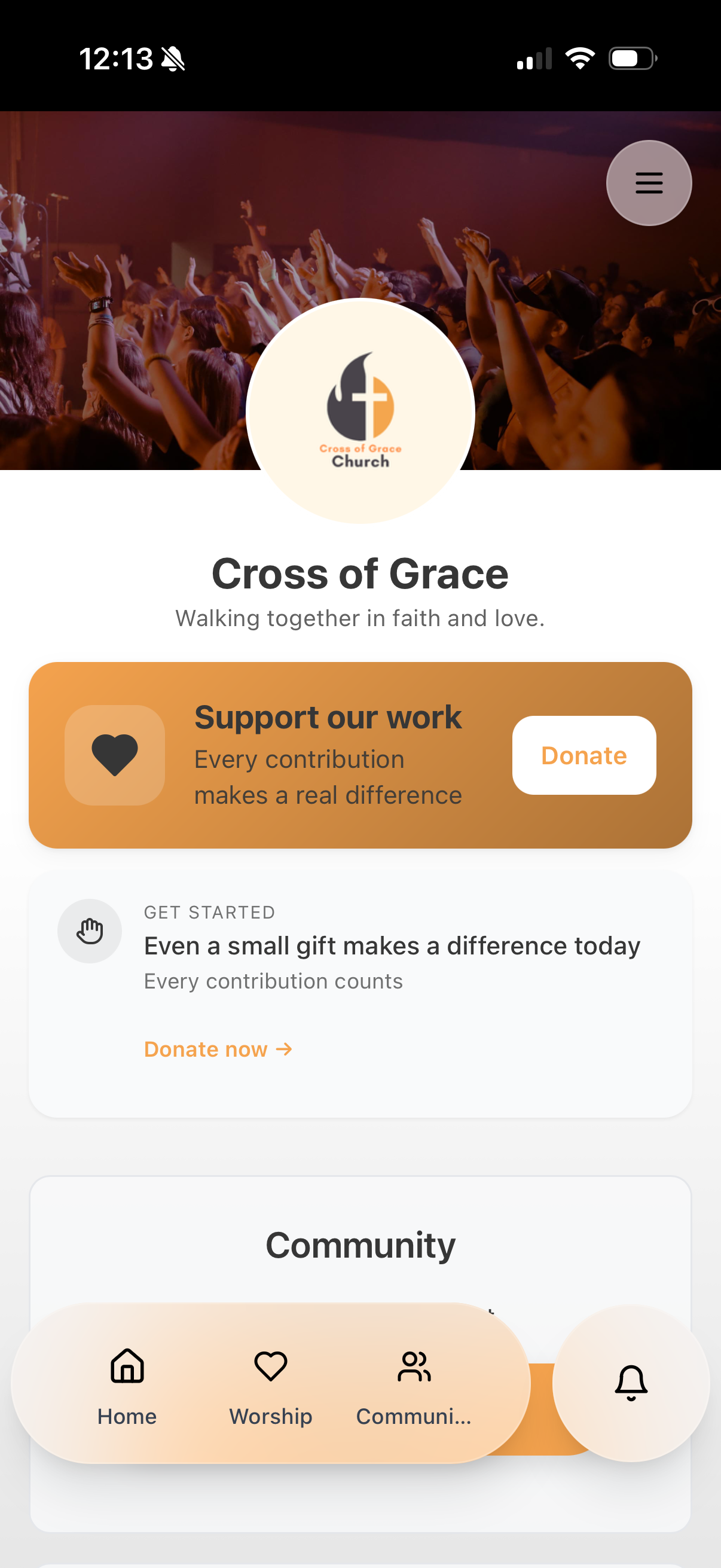 Church app profile screen