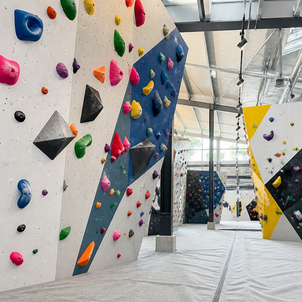 Climbing gym app showing session booking, waivers and route-set alerts on a phone