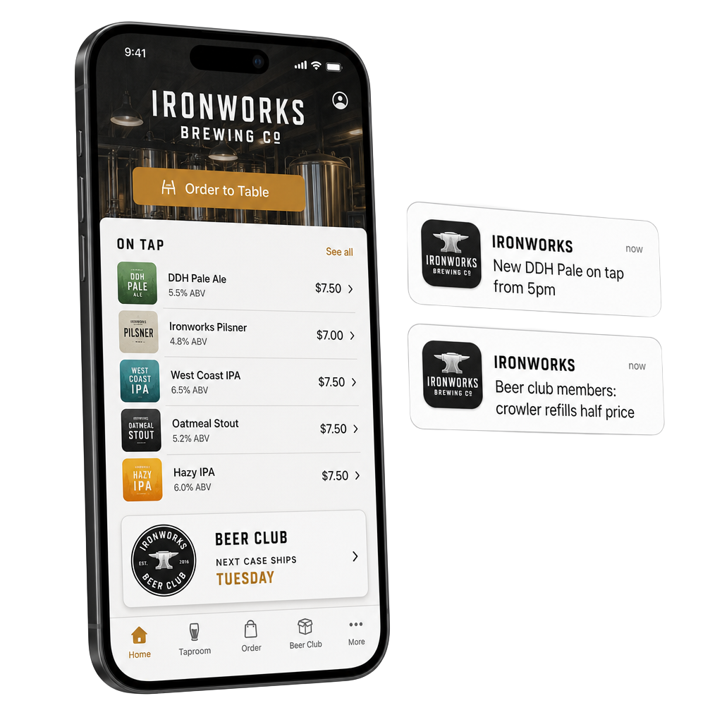 Craft brewery app showing taproom ordering and beer club on a phone