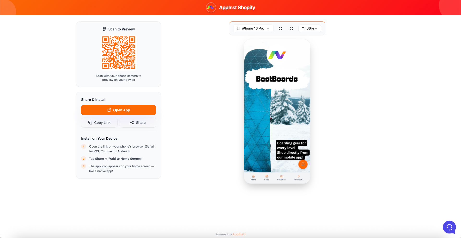 App preview with QR code sharing