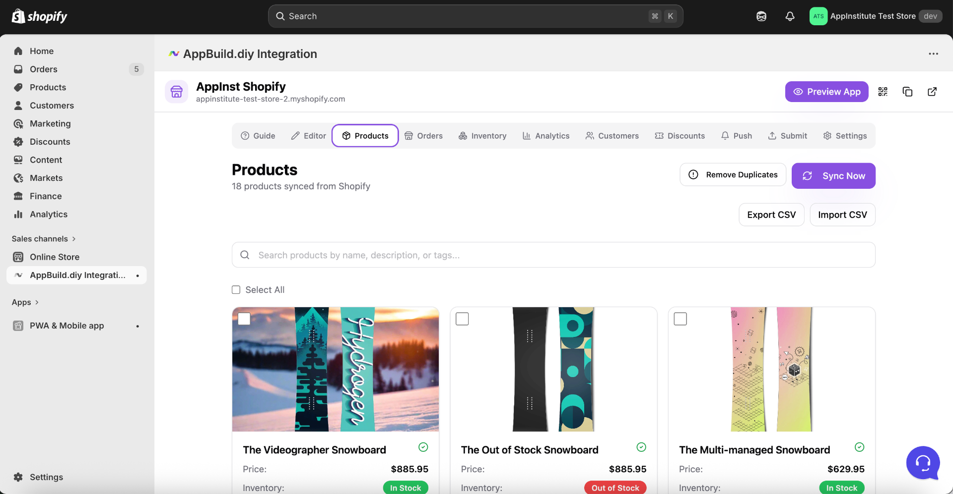 Shopify products management dashboard