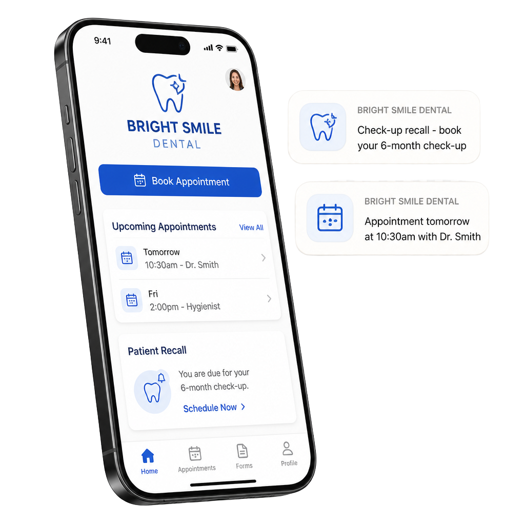 Dental practice app showing appointment booking, recalls and patient forms on a phone