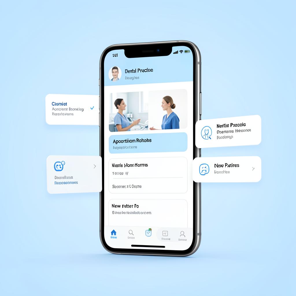 Dental practice app showing appointment booking, recalls and patient forms on a phone