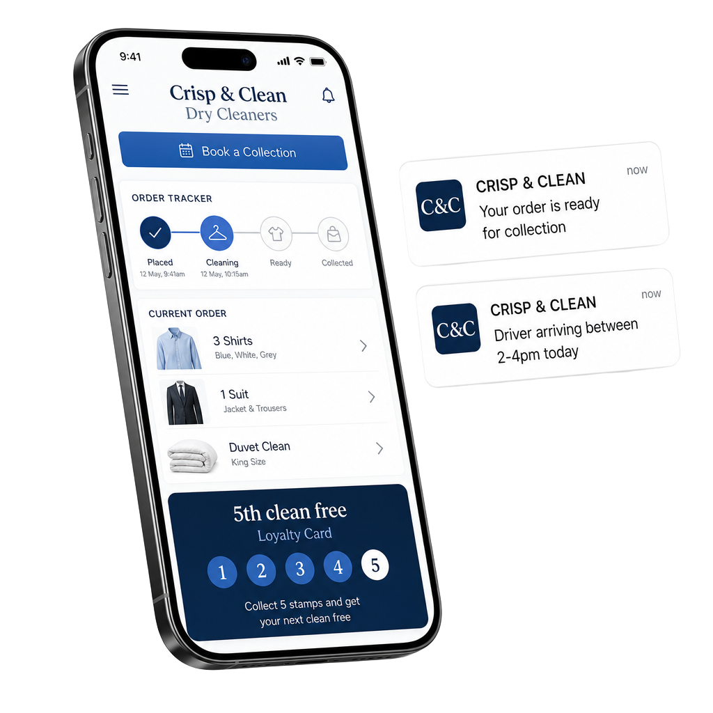 Dry cleaning app showing collection booking and order tracking on a phone