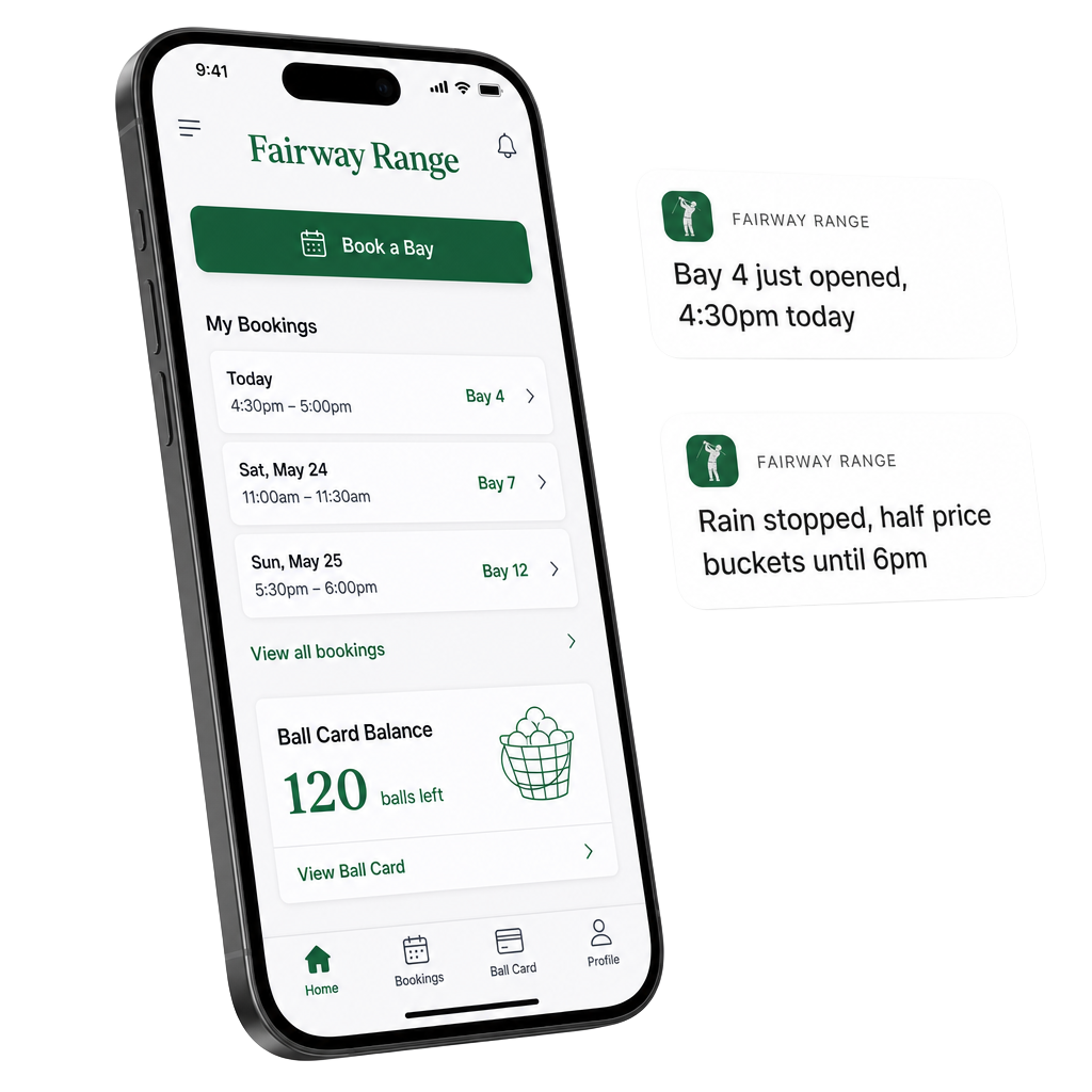Golf driving range app showing bay booking and ball card balance on a phone