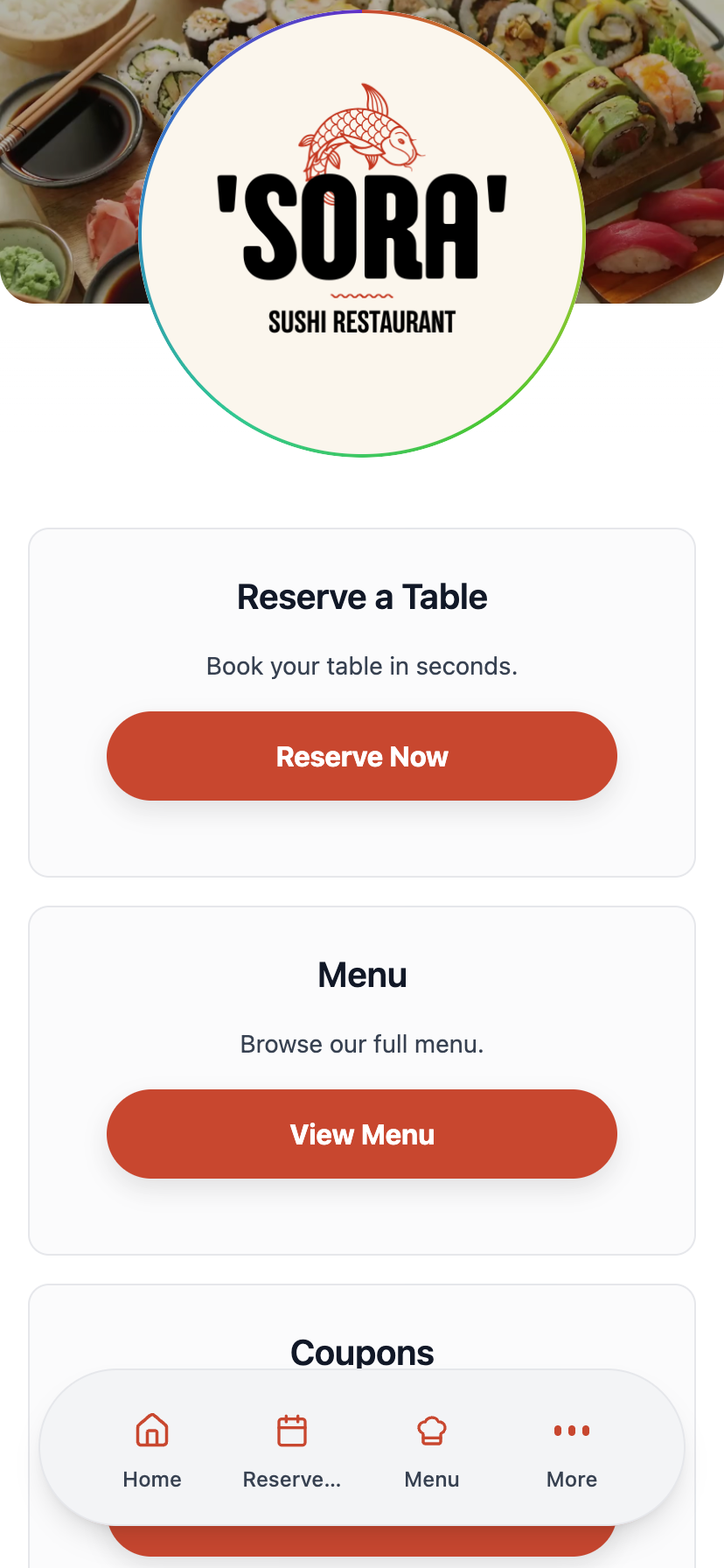 Restaurant app homepage