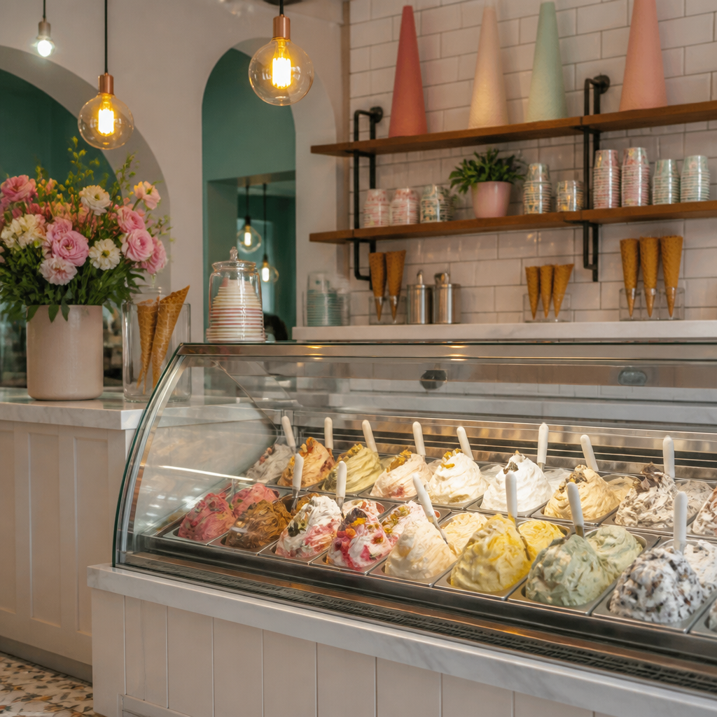 Ice cream parlour app showing order ahead, loyalty card and flavour alerts on a phone