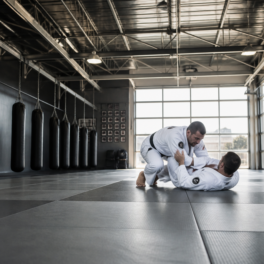 Martial arts academy app showing class booking, memberships and grading progress on a phone