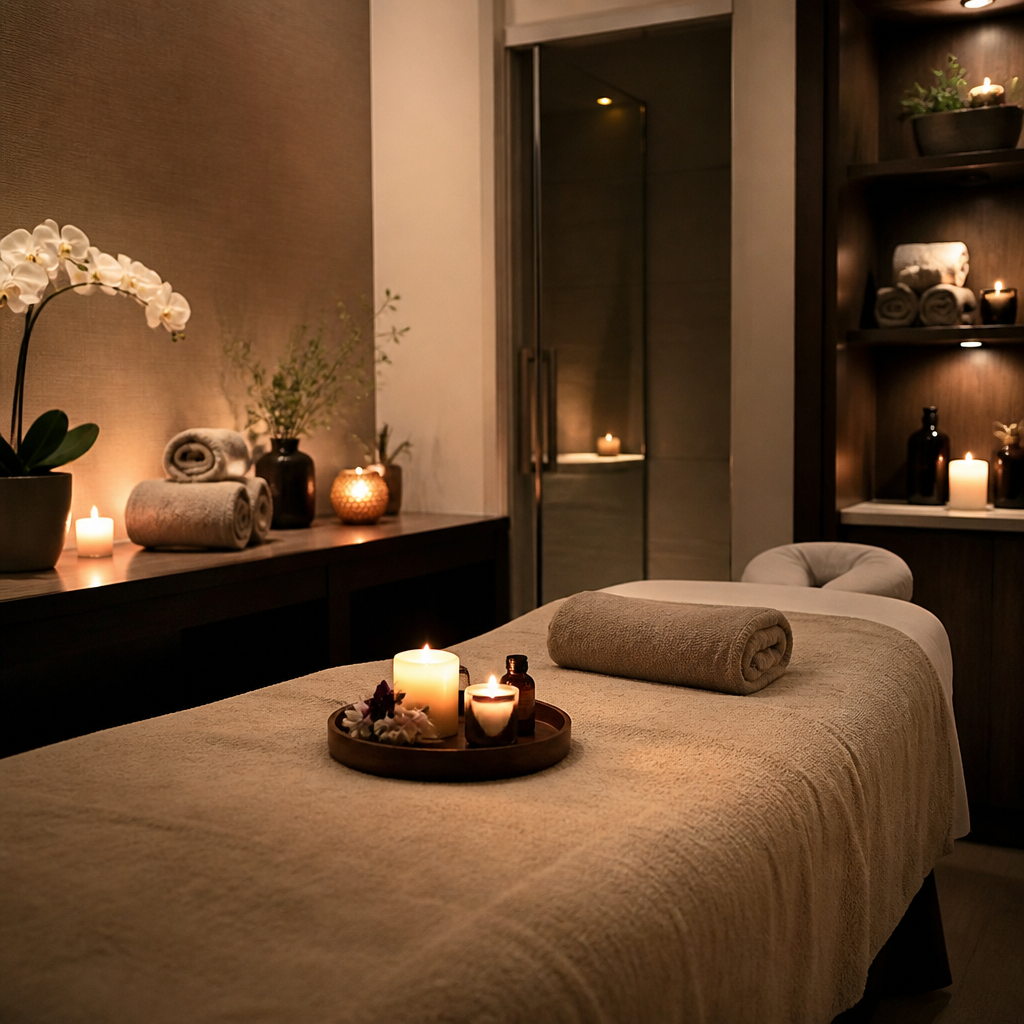 Massage and spa app showing treatment booking, gift cards and rebooking reminders on a phone