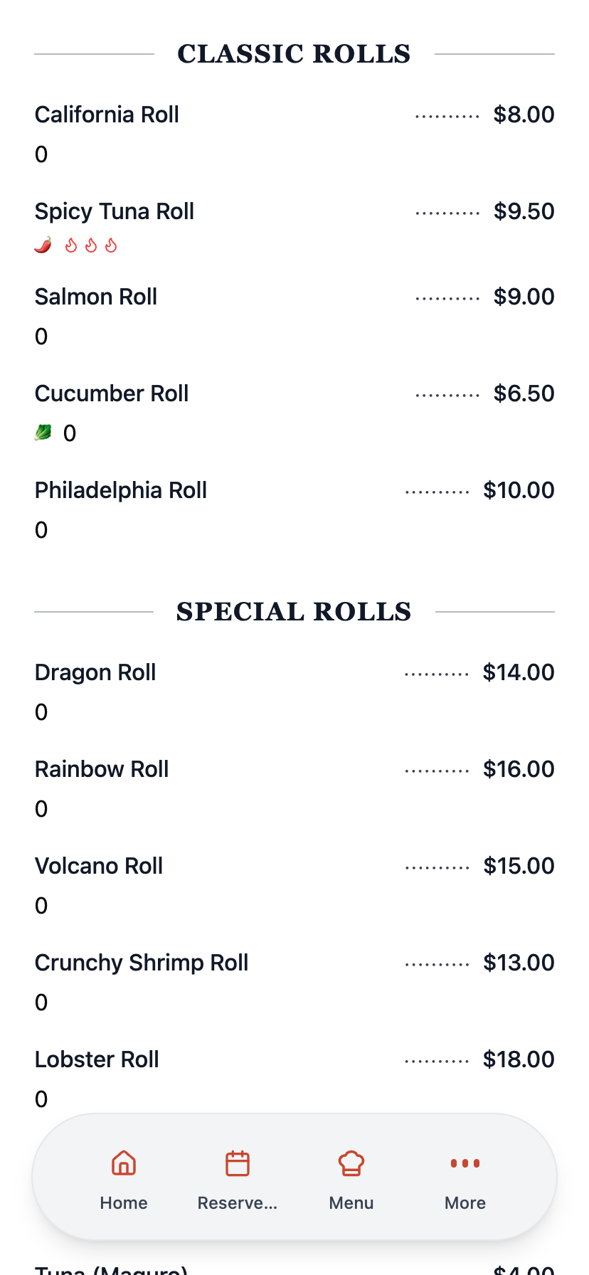 Digital menu classic list layout