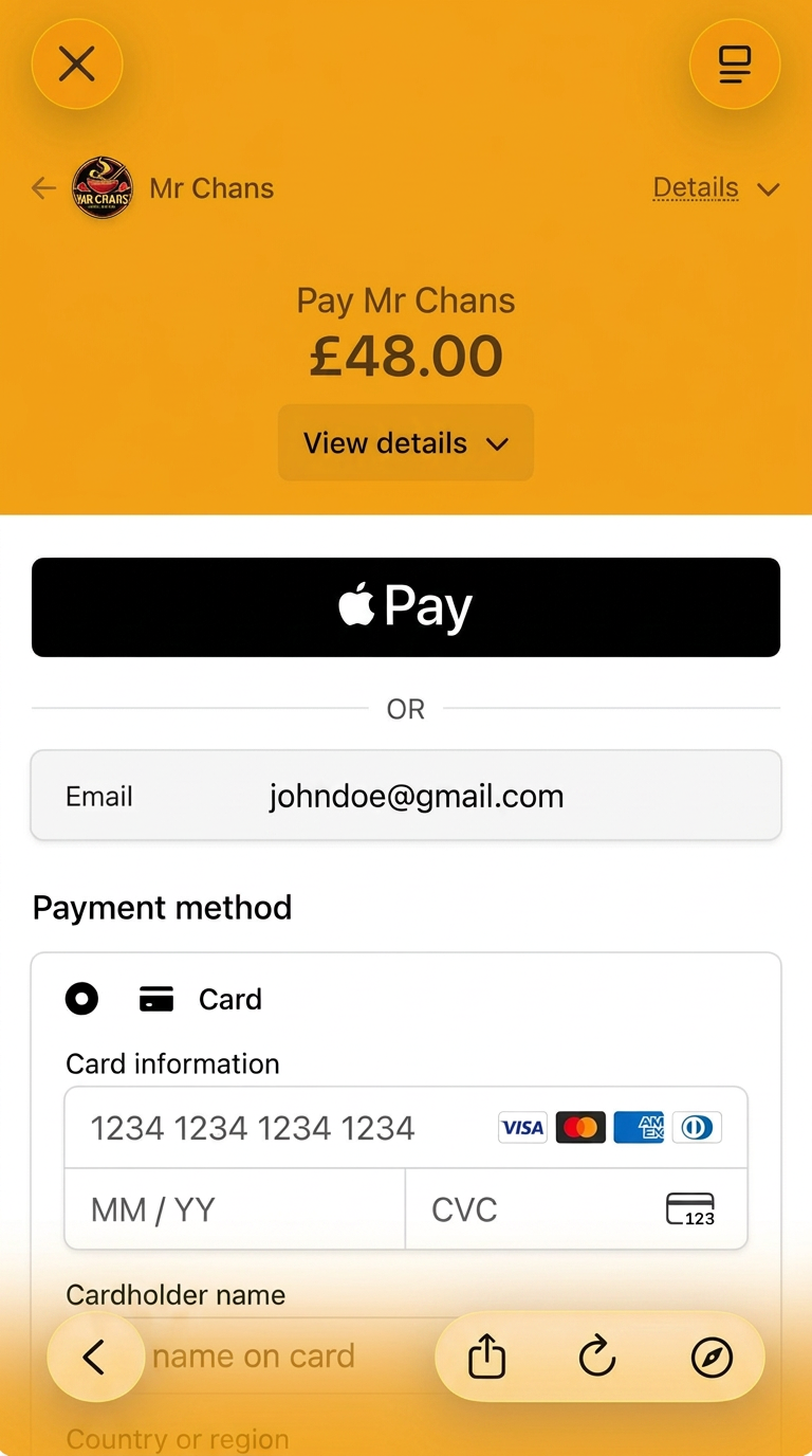Stripe card payment form for a food order