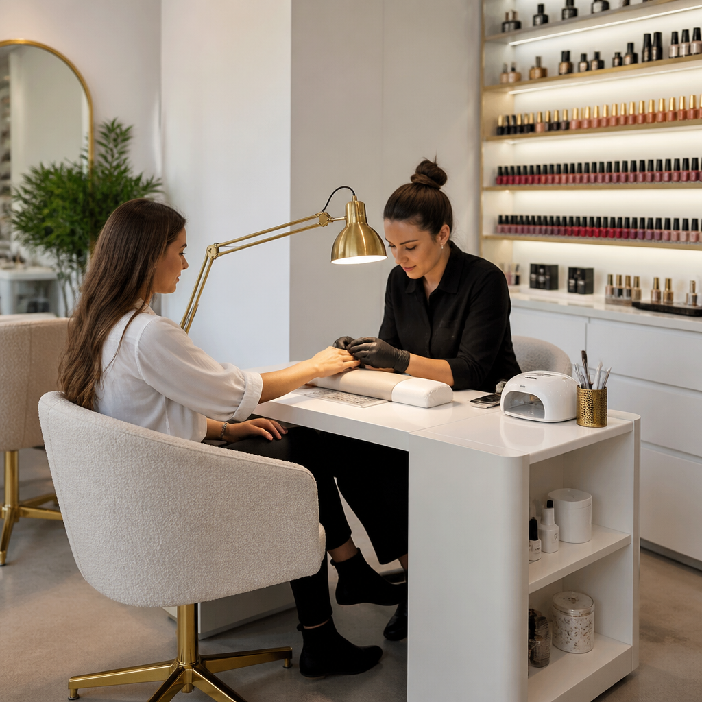 Nail salon app showing appointment booking, design gallery and infill reminders on a phone