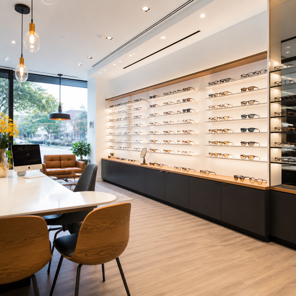 Opticians app showing eye test booking, recall reminders and lens orders on a phone