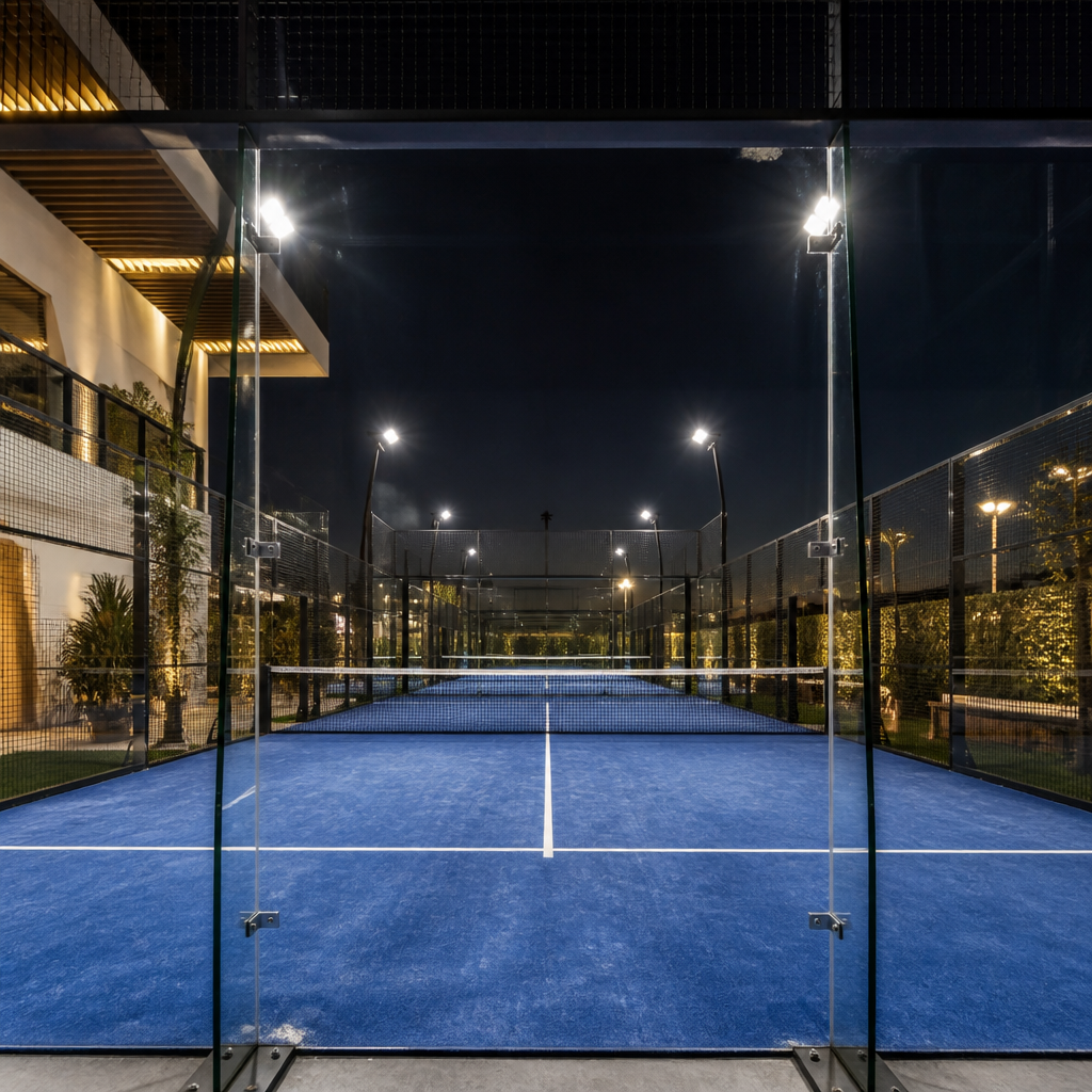 Padel club app showing court booking, memberships and social events on a phone