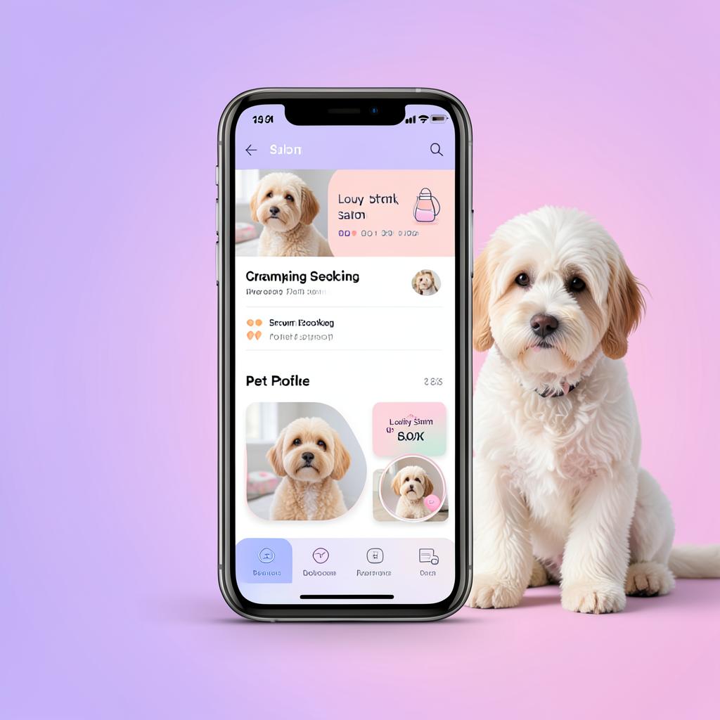 Pet grooming app showing groom bookings, pet profiles and loyalty stamps on a phone