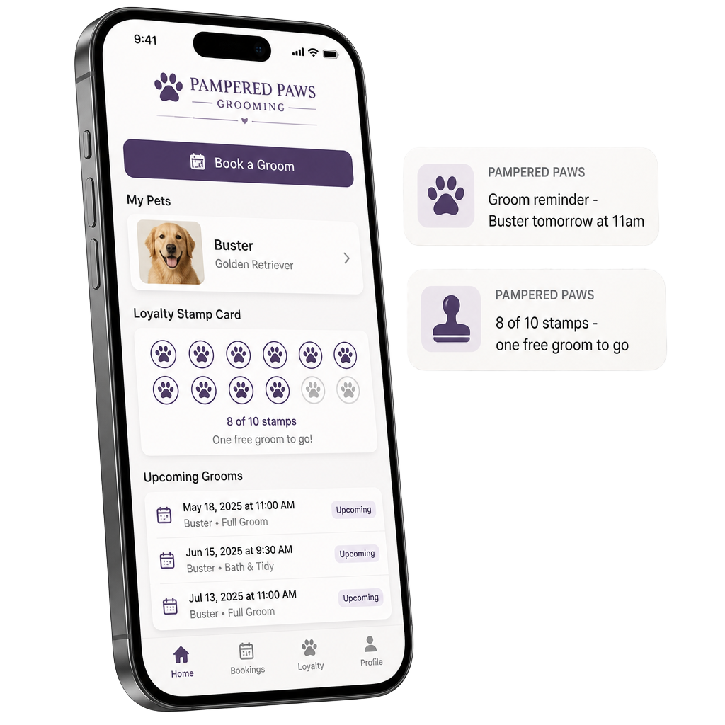 Pet grooming app showing groom bookings, pet profiles and loyalty stamps on a phone