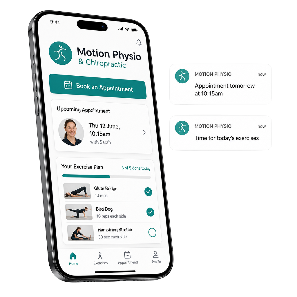 Physio clinic app showing appointment booking and exercise plan on a phone
