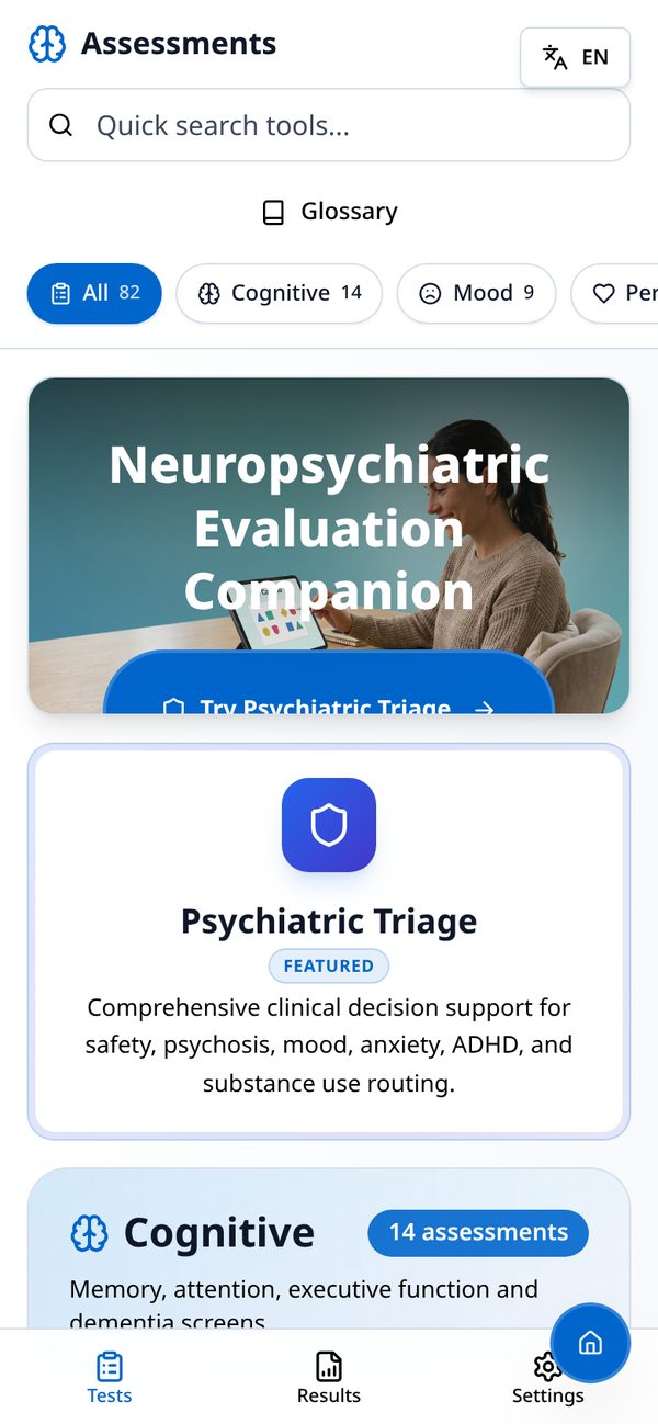 PsyCog Metric running as a mobile app
