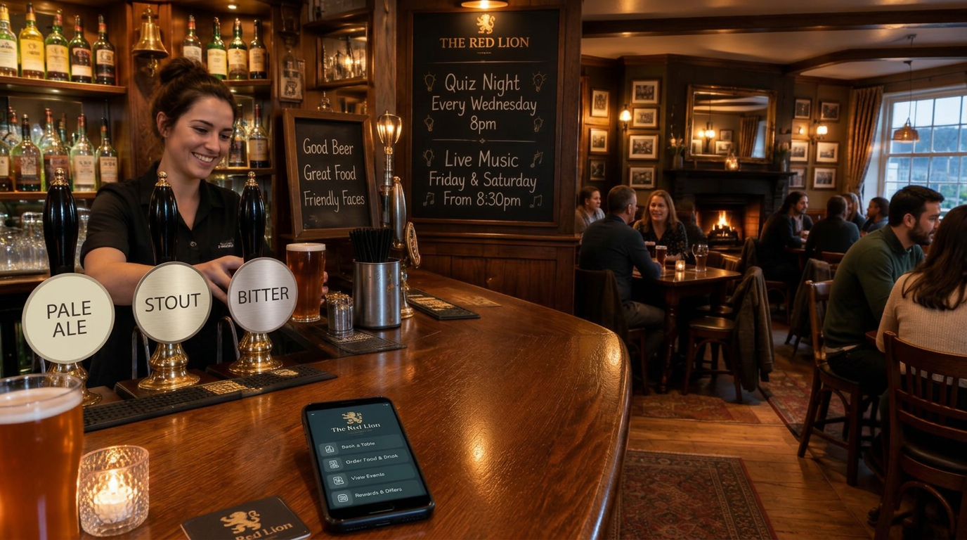 A busy local pub with a bartender serving at the bar