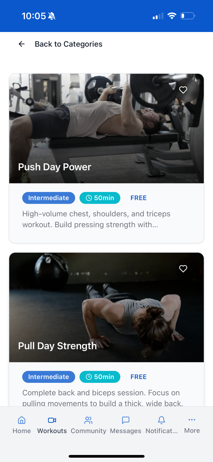 Browse workout categories