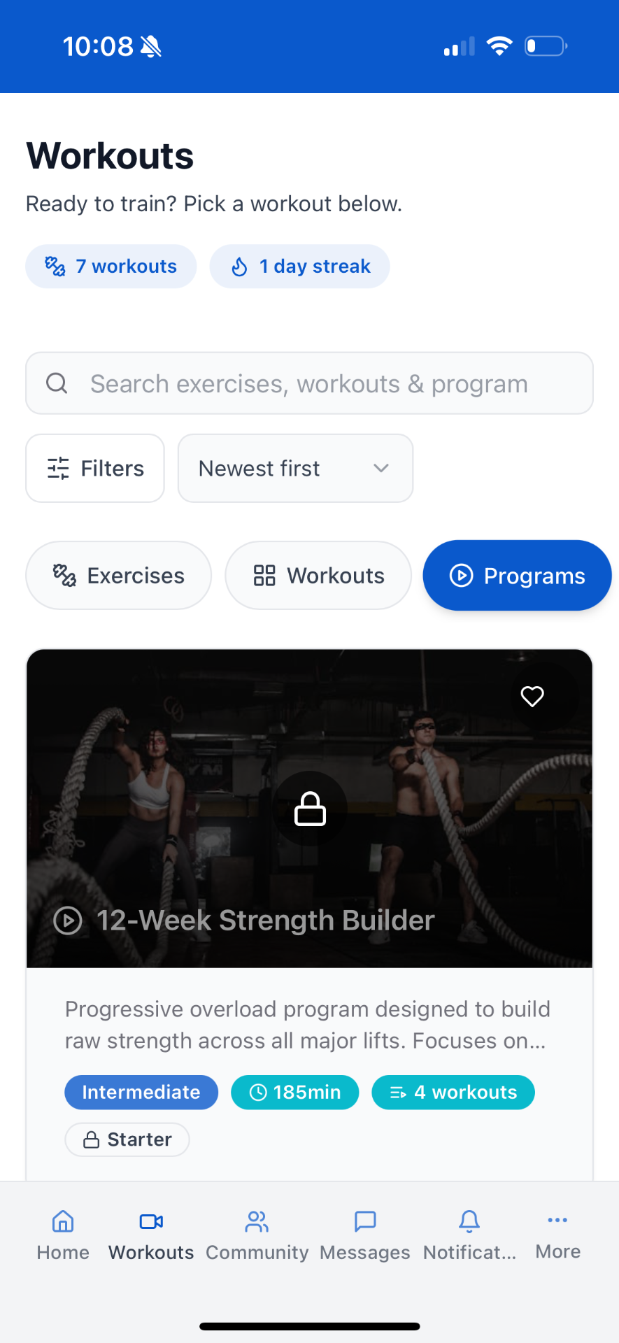 AppBuild app example showing fitness programmes — AppBuild vs a0.dev app builder comparison