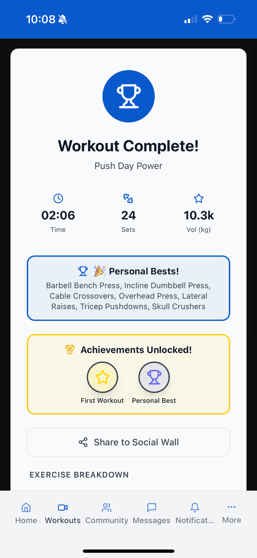 Workout complete + achievements