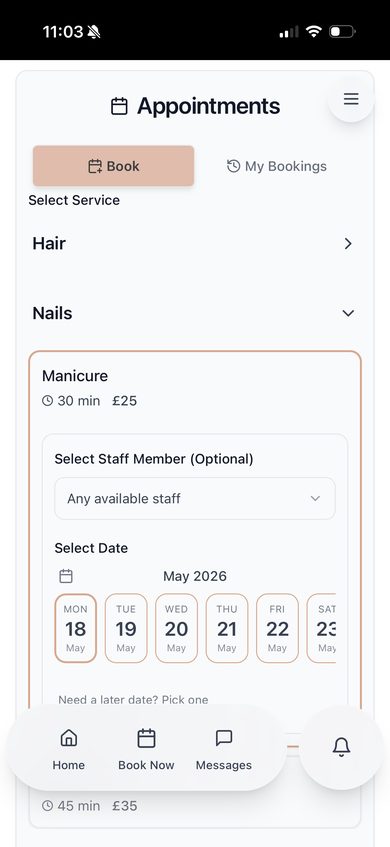 Salon appointment booking screen