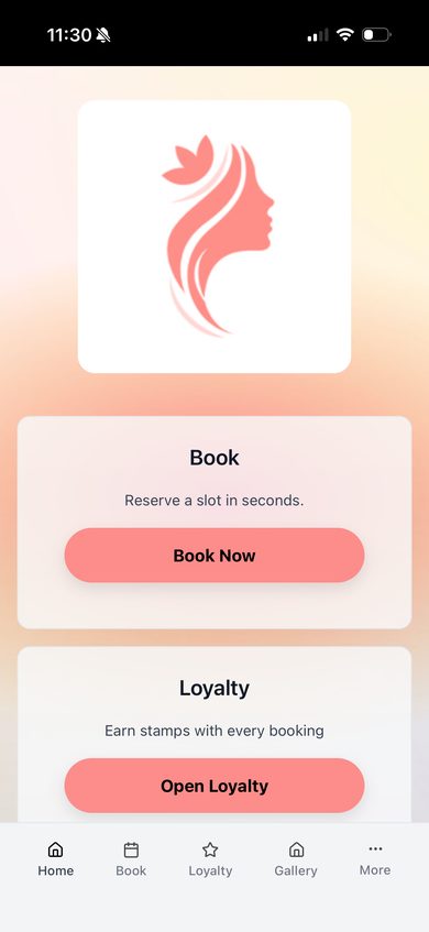 Salon booking and loyalty screen
