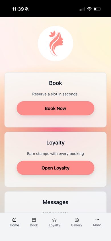 Salon app home screen
