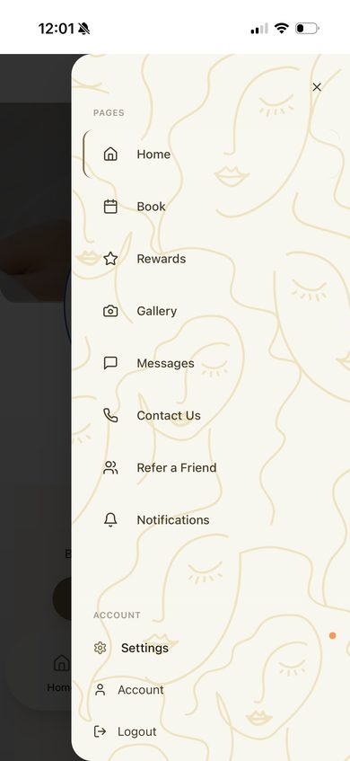 Salon app navigation menu