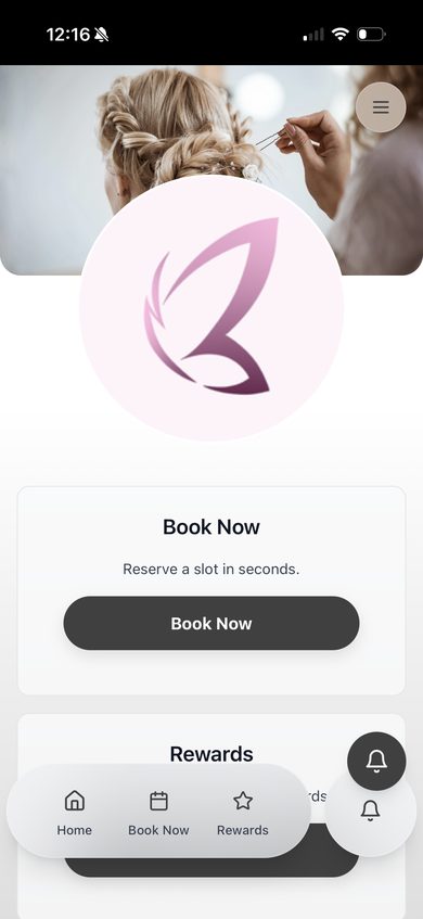 Salon app home screen with branding