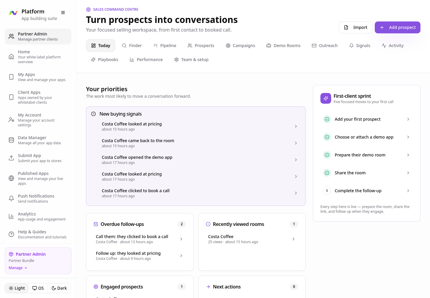 Sales Command Centre showing buying signals, follow-ups and a first-client sales workflow