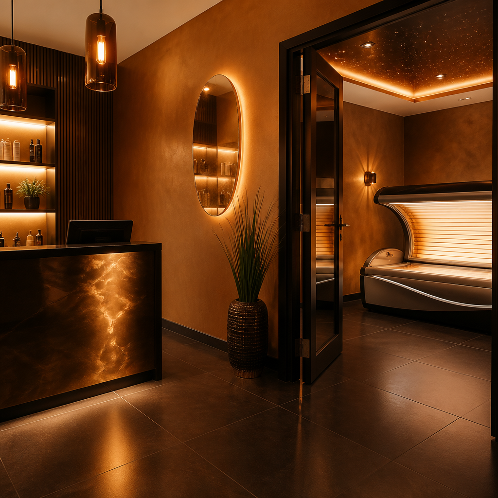 Tanning salon app showing bed booking, minute packages and consent forms on a phone