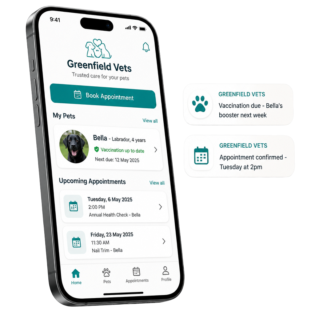 Veterinary app showing pet profiles, appointment booking and vaccination reminders on a phone