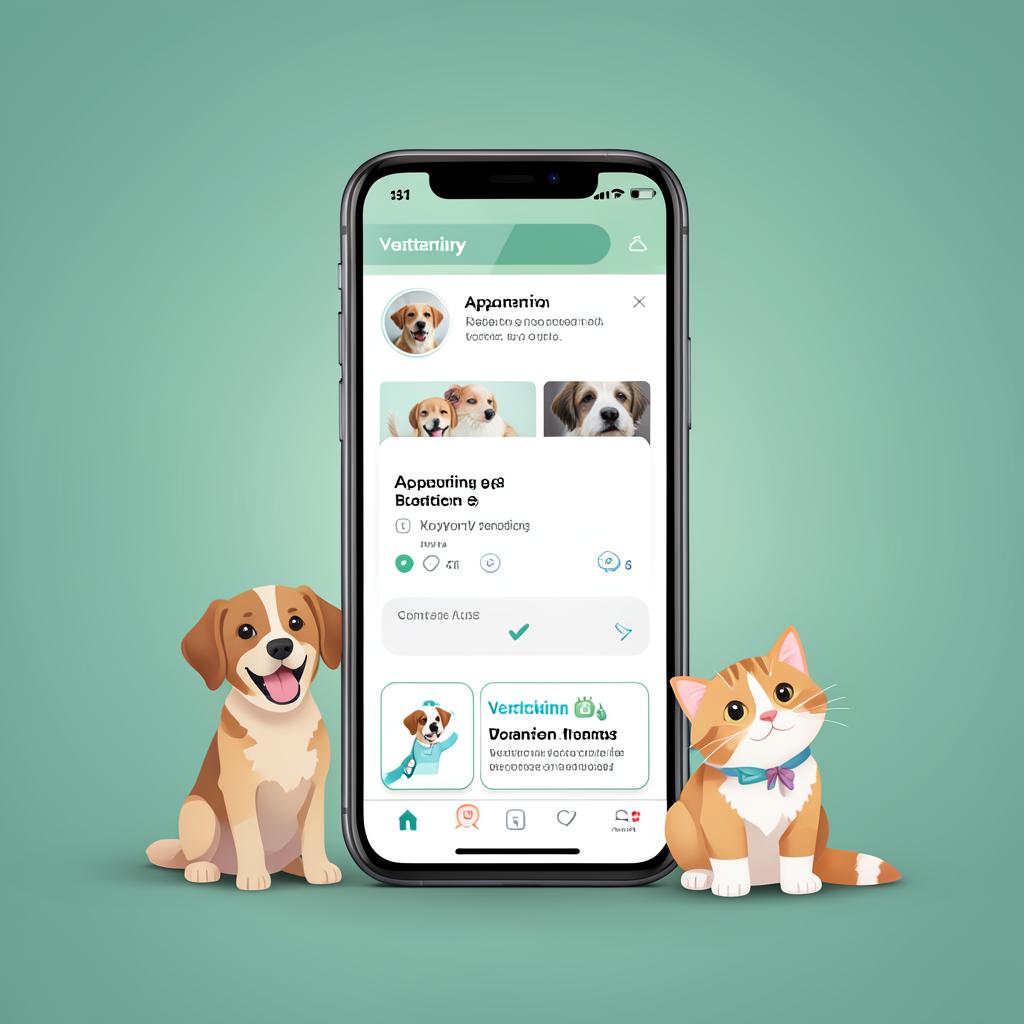 Veterinary app showing pet profiles, appointment booking and vaccination reminders on a phone