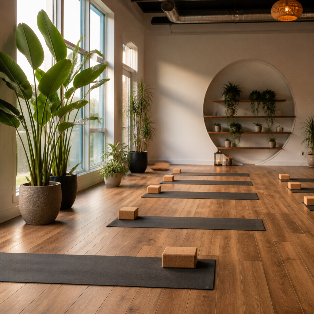 Yoga studio app showing class booking, passes and on-demand video on a phone